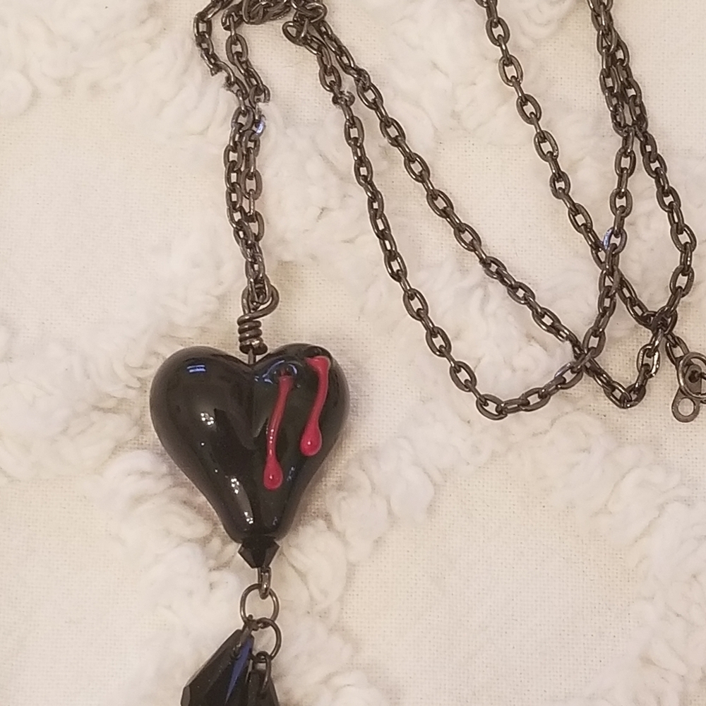Black Bleeding Heart Lampwork  Necklace